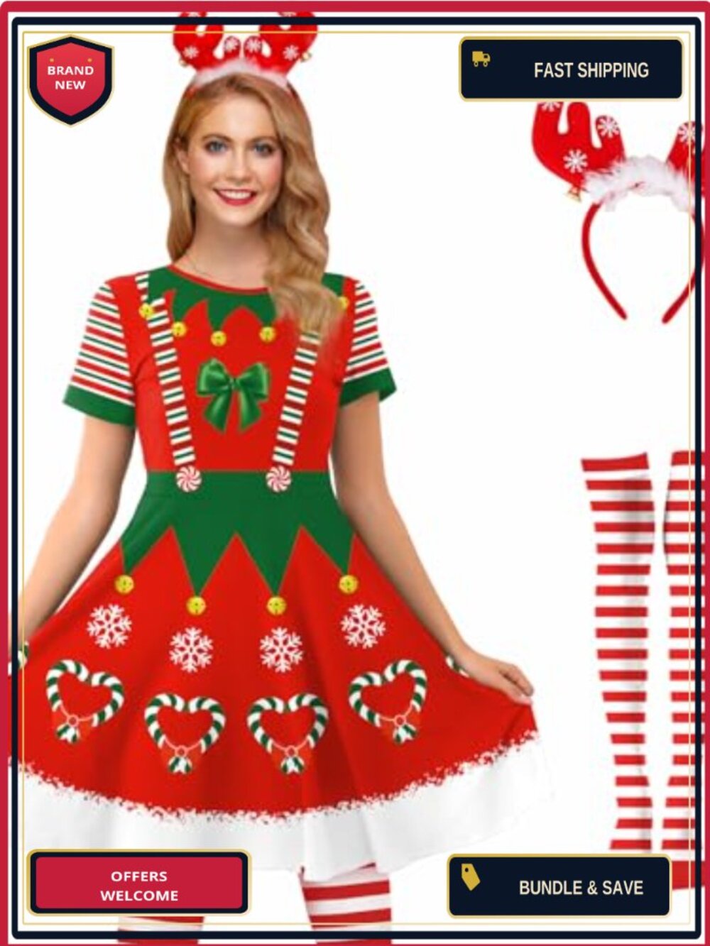 Christmas Elf Costume Dress Short Sleeve Headband Socks